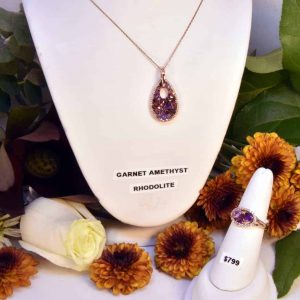 Rose Gold Amethyst, Rhodolite, Garnet, White Sapphire and Diamond Necklace and Ring