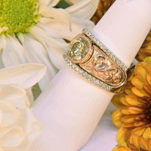 Rose and White Gold Hand-Engraved Yellow Diamond & White Diamond Engraved Ring