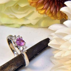 White Gold Pink Sapphire Heart and White Diamond Ring