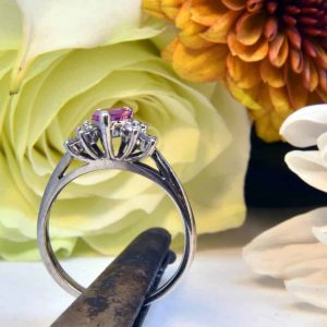 White Gold Pink Sapphire Heart and White Diamond Ring