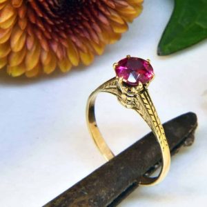 Yellow Gold Antique Pink Sapphire Engraved Ring