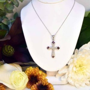 White Gold Rubelite and Diamond Cross Necklace