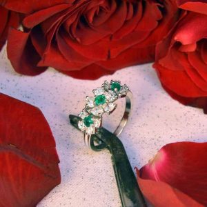 Platinum Emerald and Diamond Flower Ring