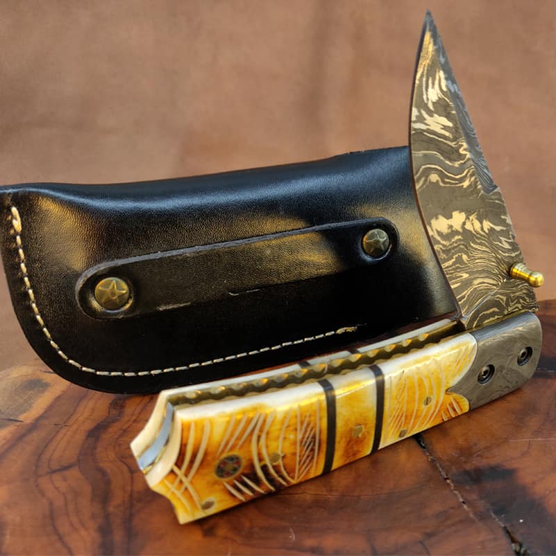 Carved Camel Bone Folding Knife