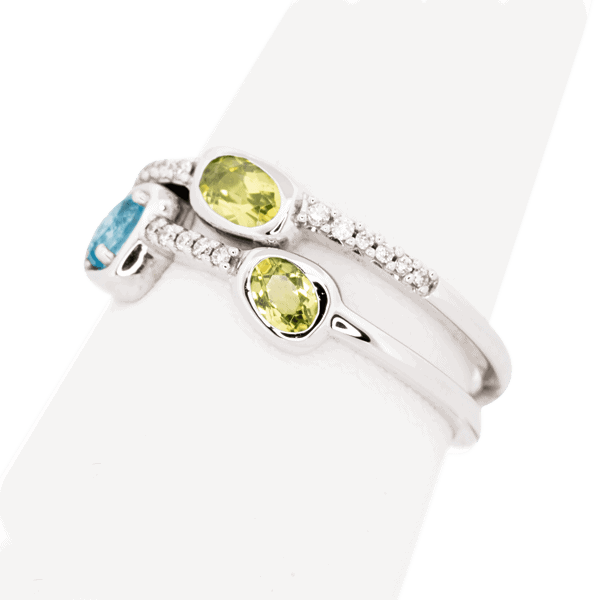 14K White Gold Peridot, Swiss Blue Topaz, and Diamond Ring Set