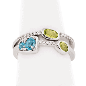 14K White Gold Peridot, Swiss Blue Topaz, and Diamond Ring Set