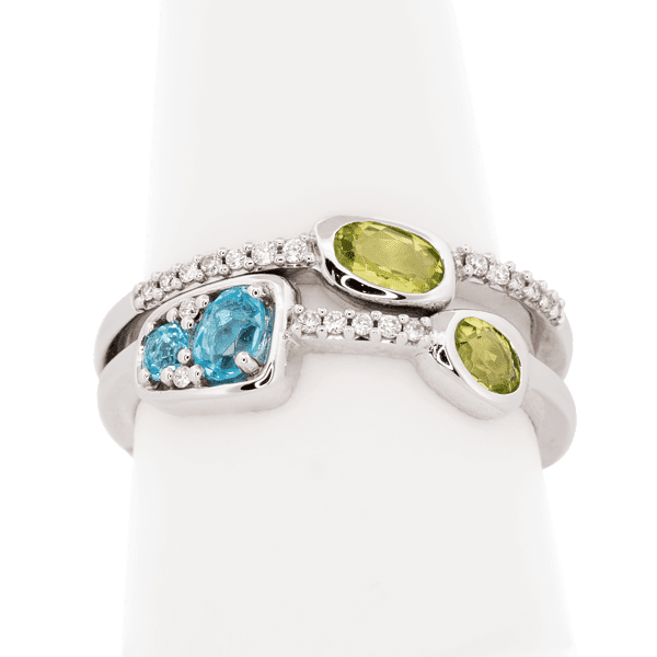 14K White Gold Peridot, Swiss Blue Topaz, and Diamond Ring Set