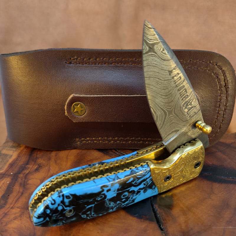 Turquoise Resin and Brass Pocket Knife