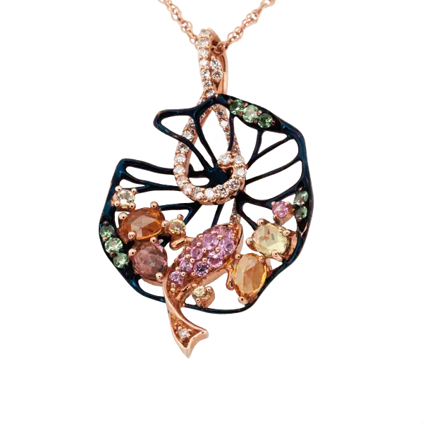 14K Rose Gold Koi in Pond Diamond and Colored Gemstone Necklace