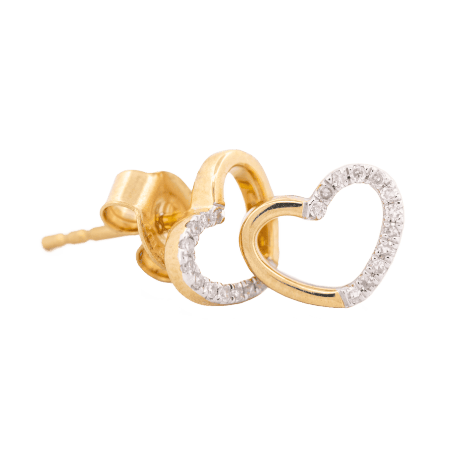 14K Yellow Gold Heart and Diamond Stud Earrings