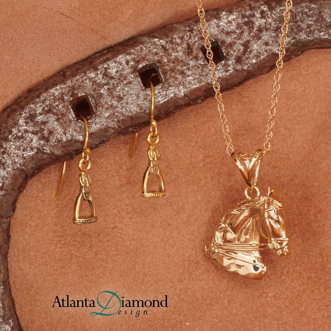 gold horseback riding inspired earrings and pendant
