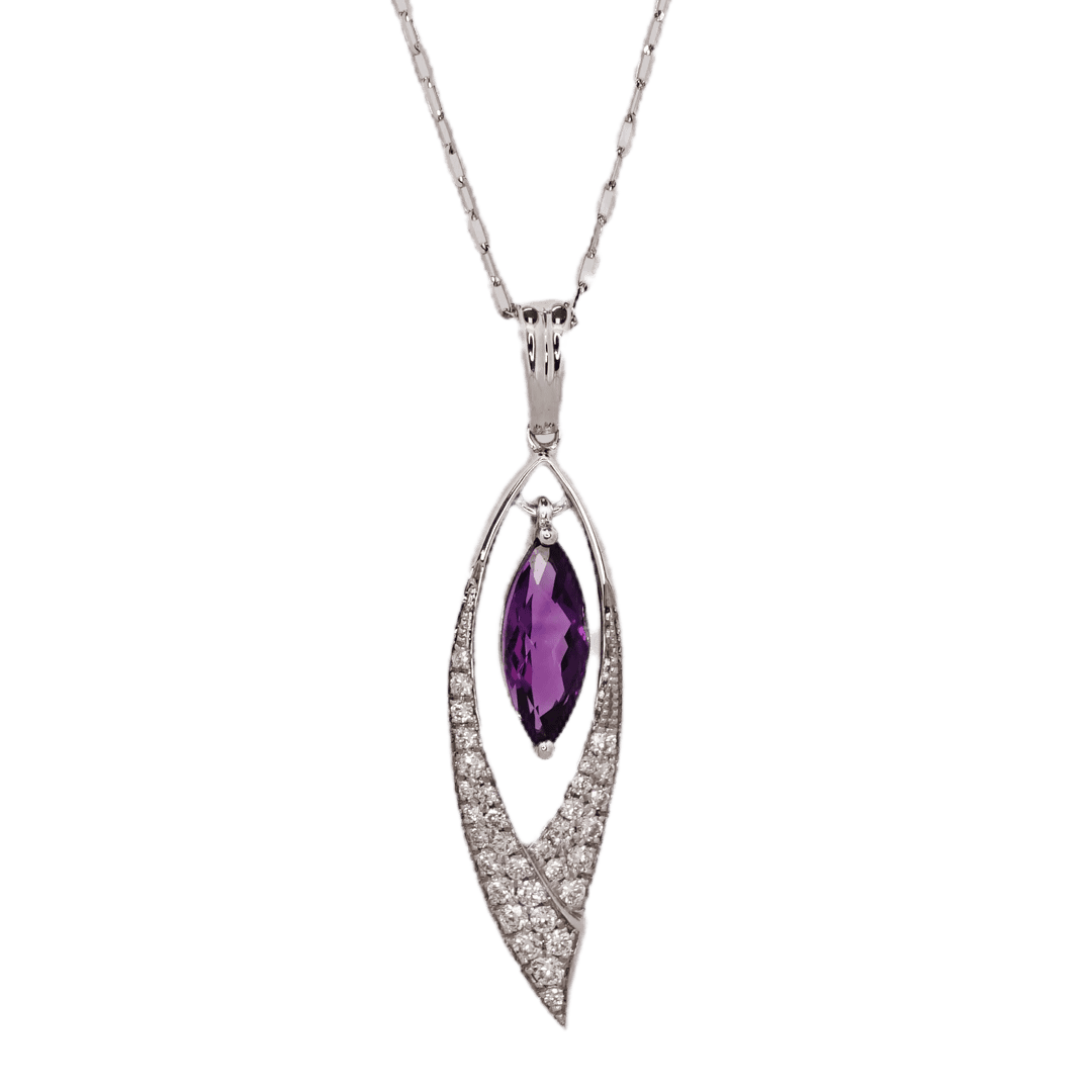 White gold marquis amethyst and leaf-shaped diamond pendant