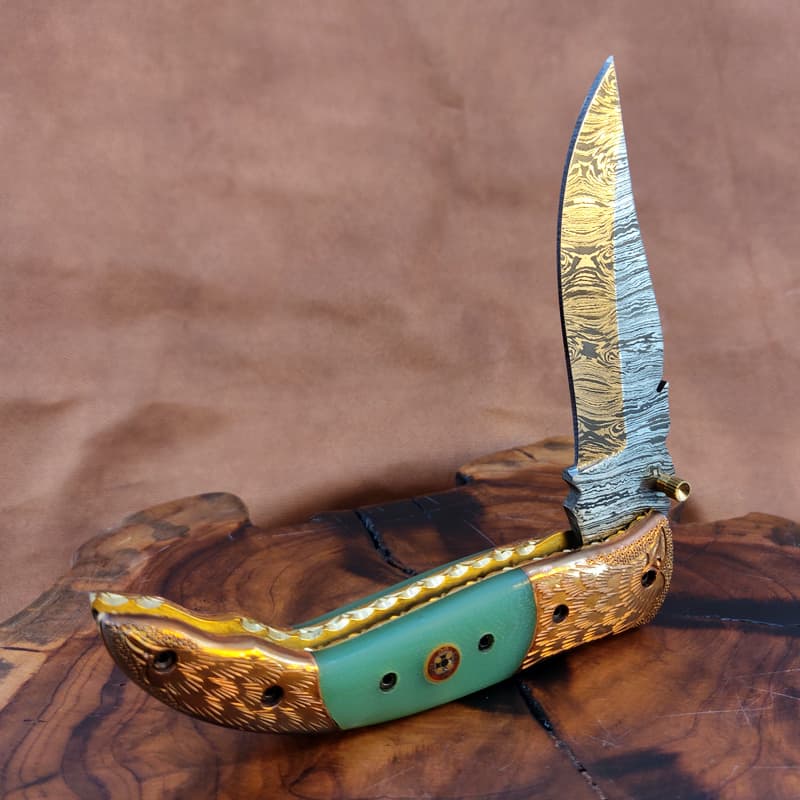 Bird-Engraving Copper and Camel Bone Folding Knife