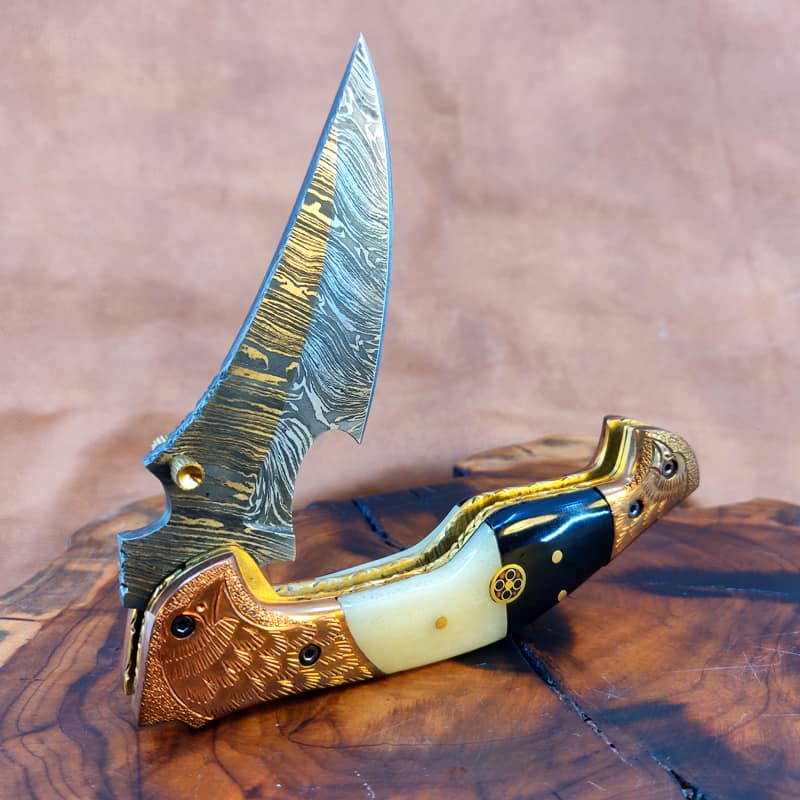 Bird-Engraving Copper & Camel Bone Folding Knife