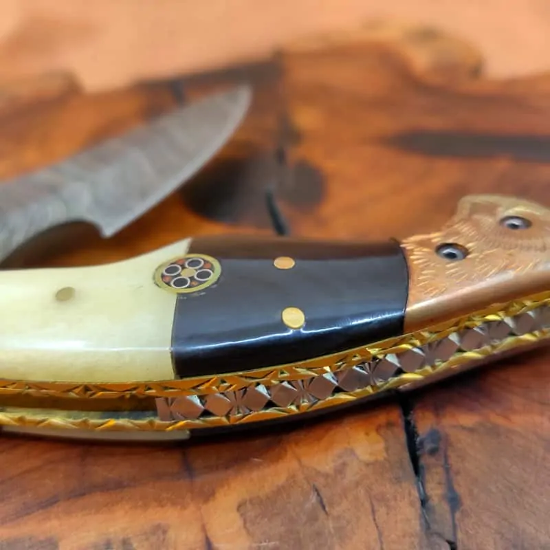 Bird-Engraving Copper & Camel Bone Folding Knife