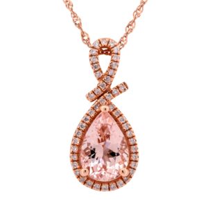 14K Rose Gold Morganite and Diamond Halo Necklace