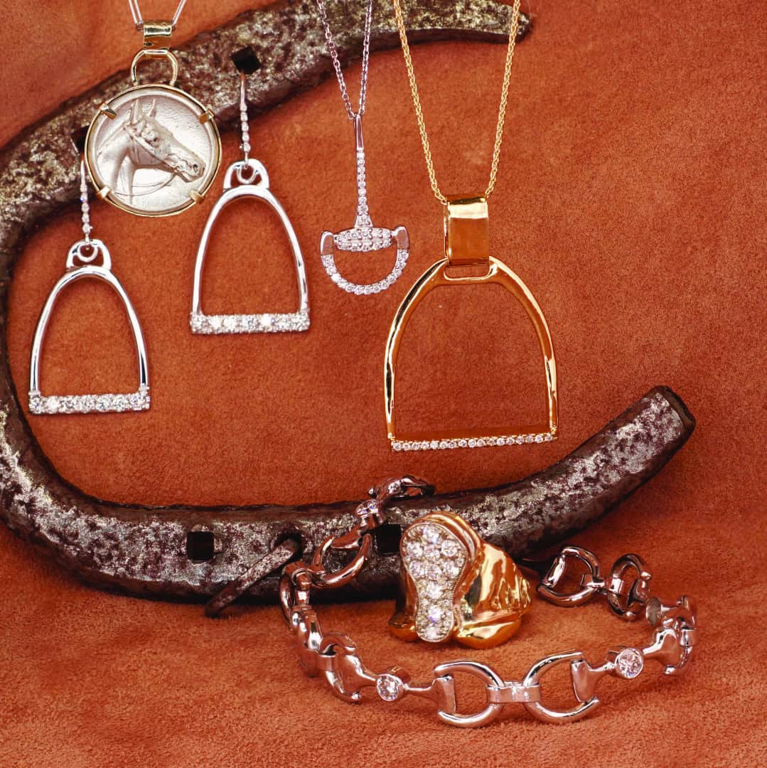 Gold, silver and diamond horseback riding-inspired jewelry