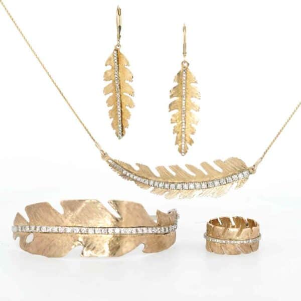14K Yellow Gold Diamond Feather Dangle Earrings