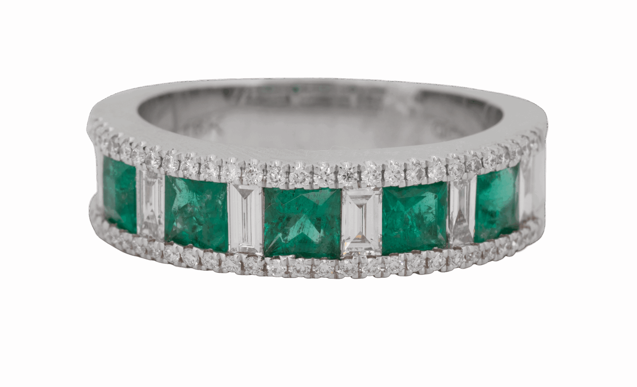 White gold princess-cut emerald and diamond band