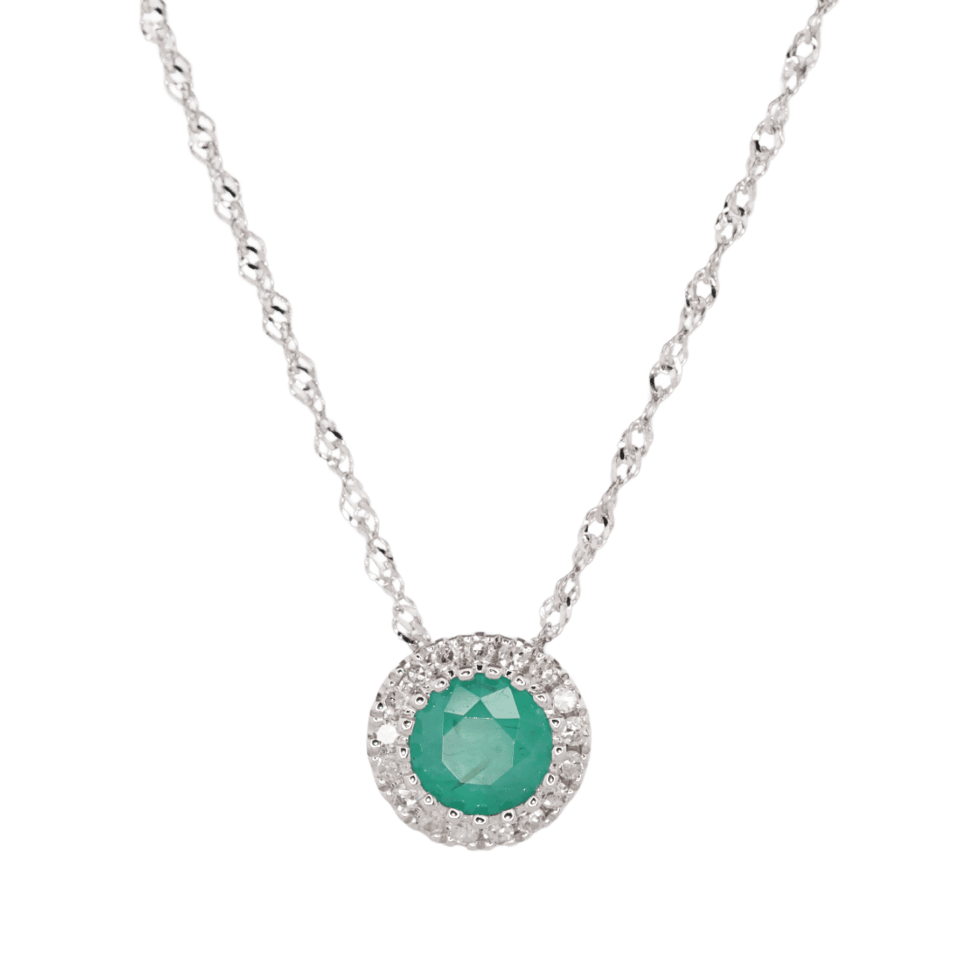 White Gold Emerald Necklace with Diamond Halo