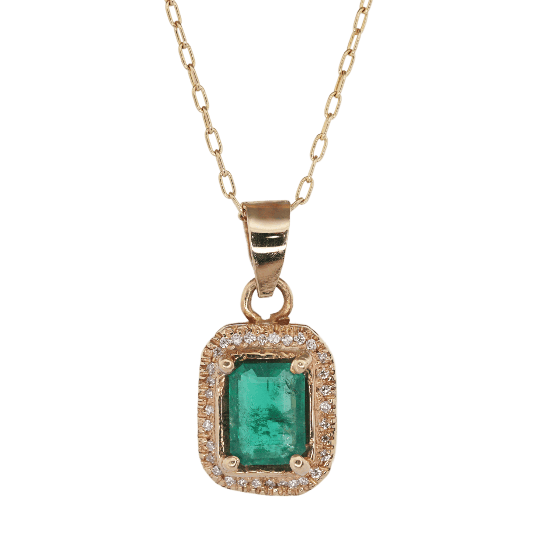 14k yellow gold emerald and diamond halo pendant