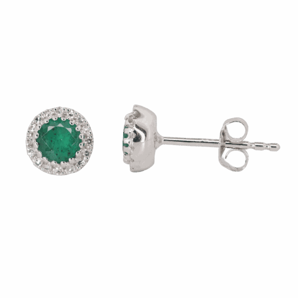 14K White Gold Emerald and Diamond Halo Stud Earrings