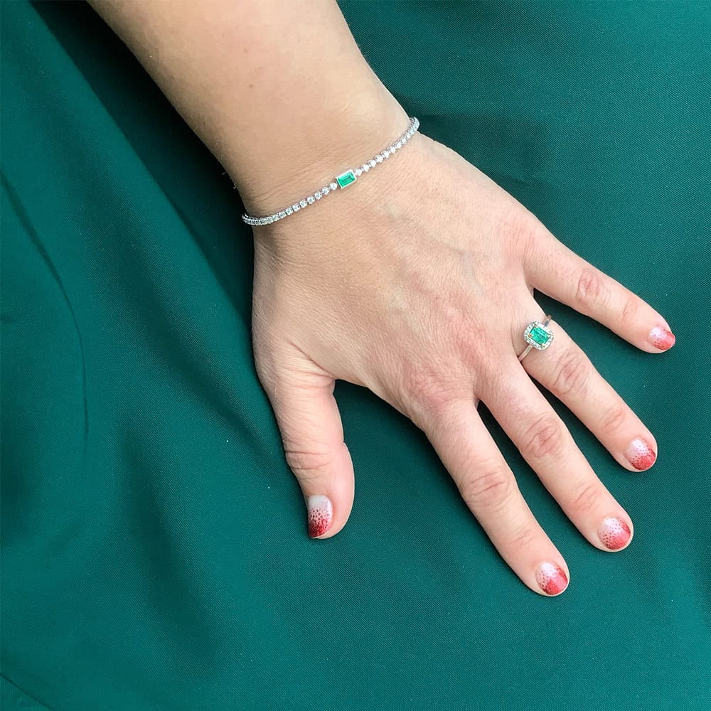 White gold emerald and diamond bracelet and ring