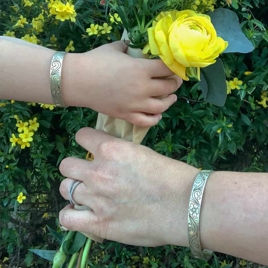 Sterling Silver with 18KYGP Flower Hand-Engraved Child Cuff Bracelet - Image 2