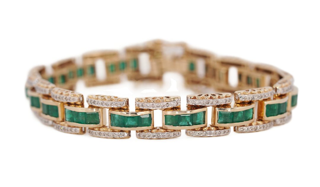 14k yellow gold estate emerald and diamond link bracelet