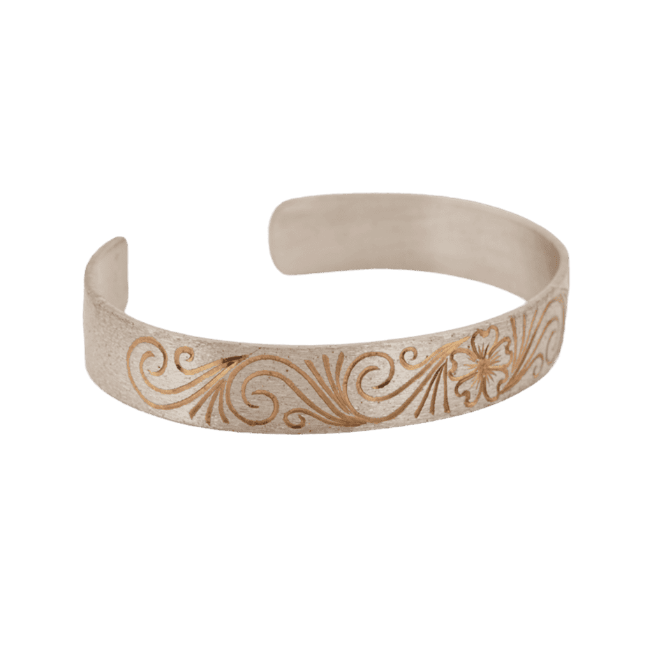Sterling Silver with 18KYGP Flower Hand-Engraved Child Cuff Bracelet - Image 3
