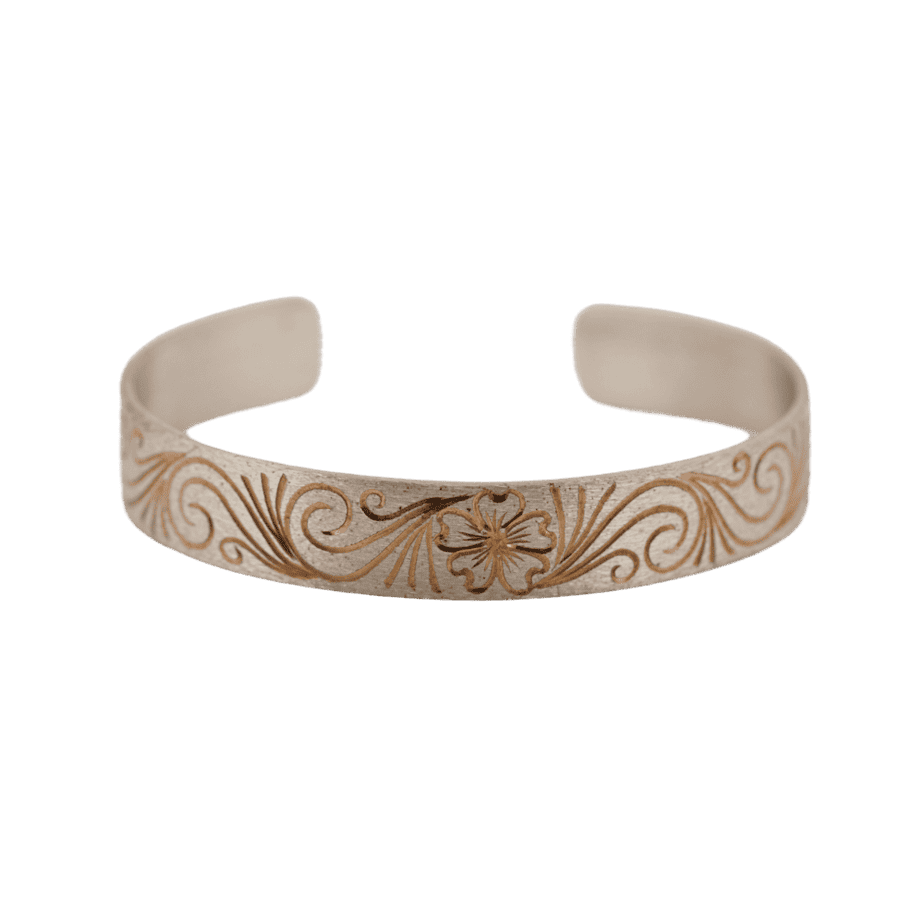 Sterling Silver with 18KYGP Flower Hand-Engraved Child Cuff Bracelet