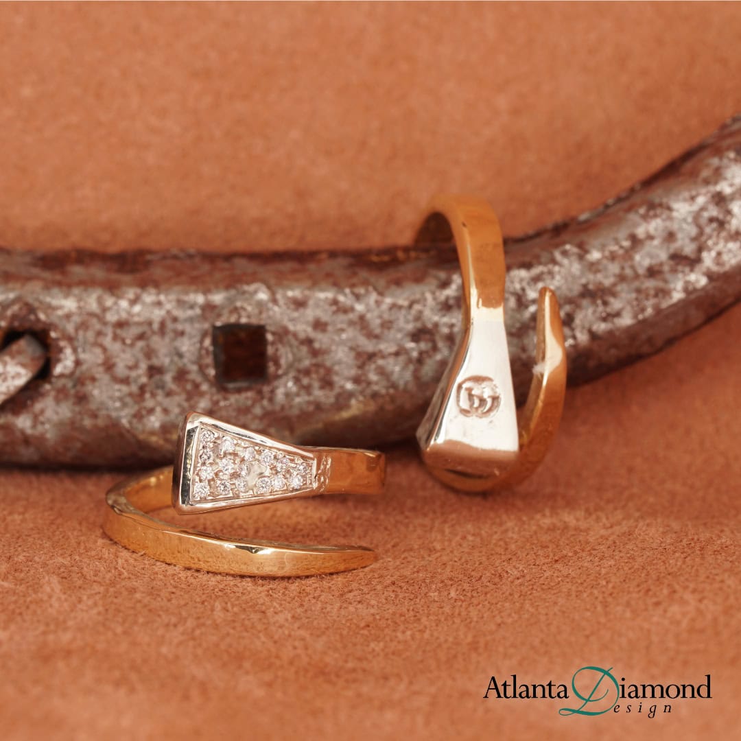 gold and diamond open bypass horseshoe nail rings