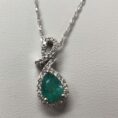 14K White Gold Pear Emerald and Diamond Pendant