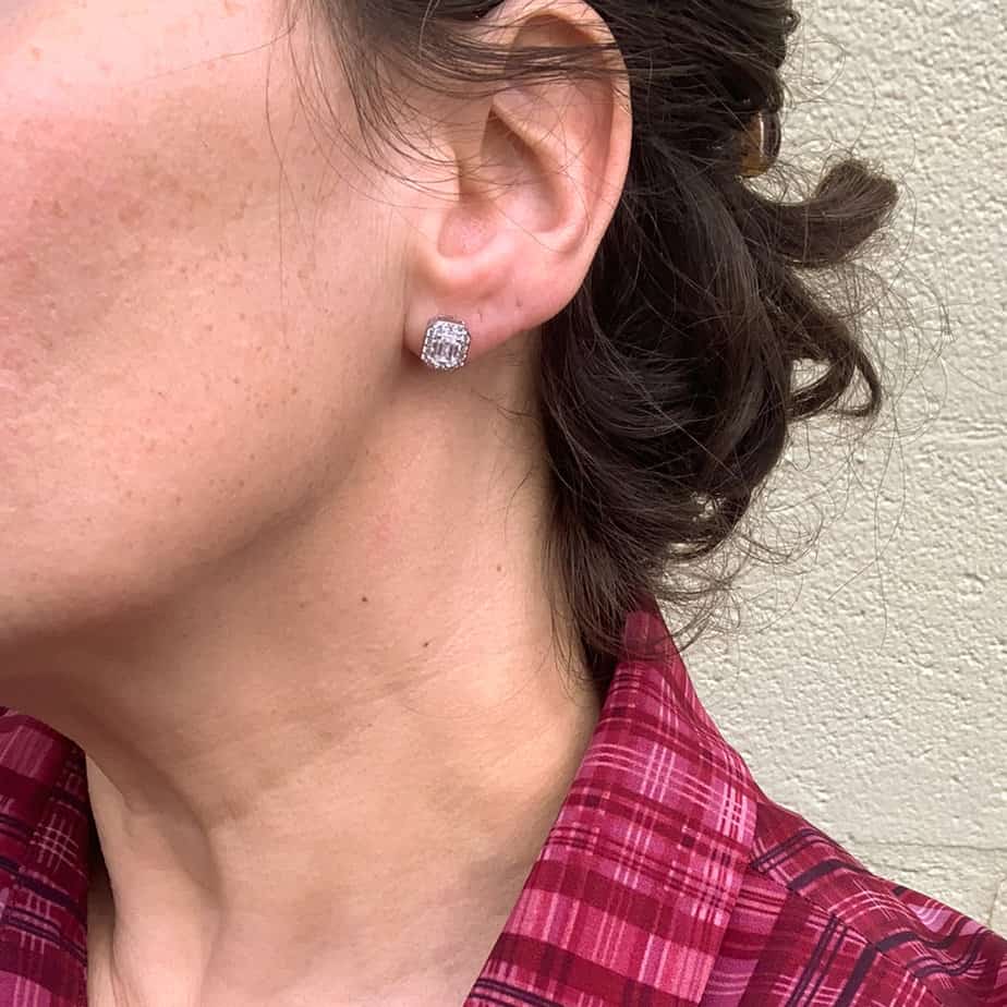 14k white gold emerald-cut lab-created diamond halo stud earrings