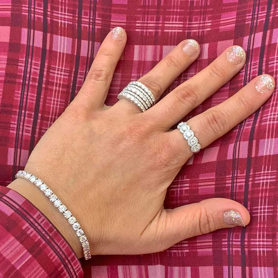 14k white gold lab-created diamond tennis bracelet, 5-row cocktail ring, and 5-stone halo ring