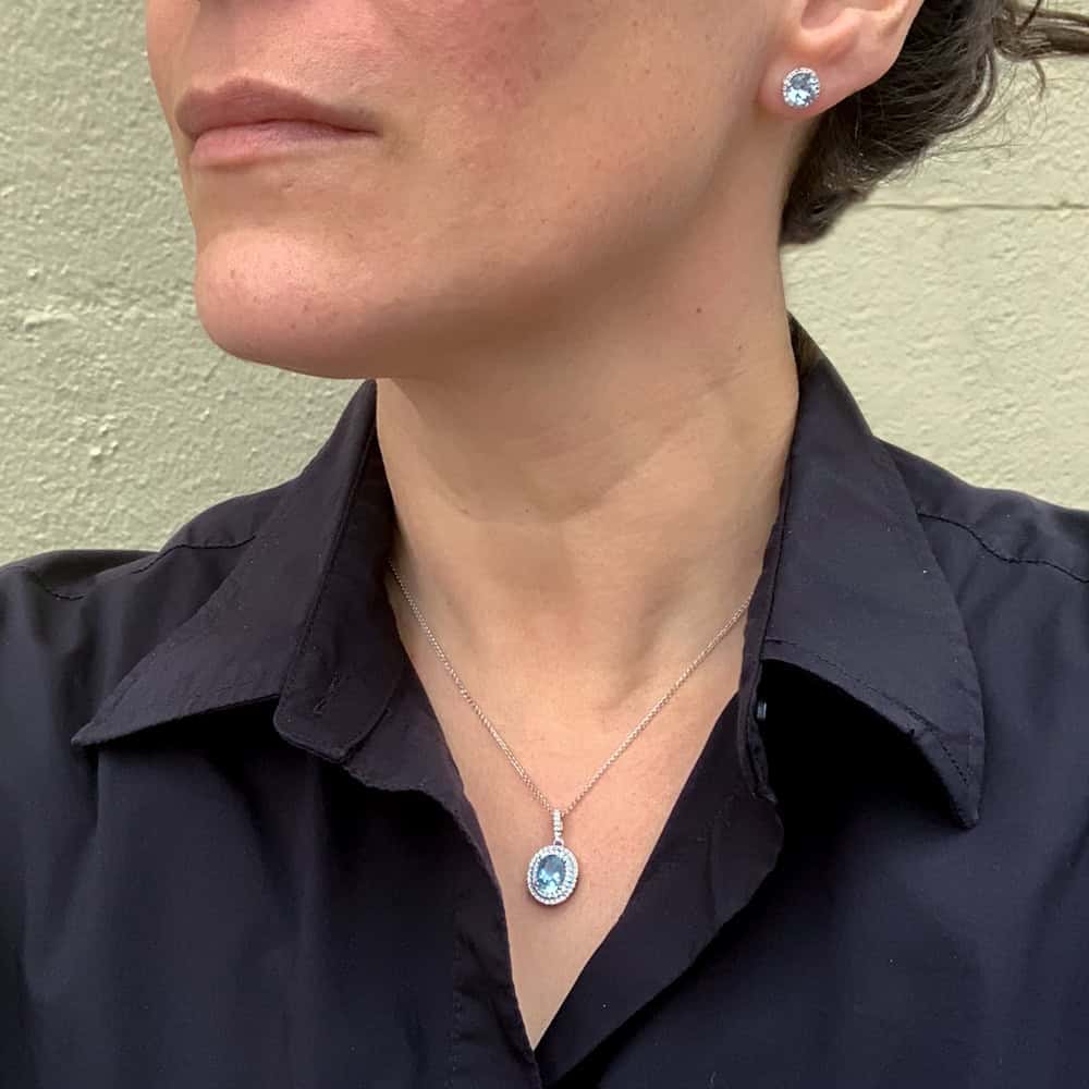 Double Halo Oval Aquamarine Pendant