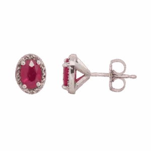 14K White Gold Oval Ruby Diam Halo Studs
