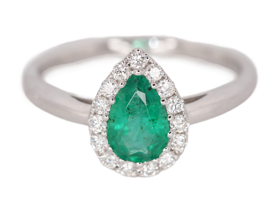 White gold pear-cut emerald and diamond halo ring