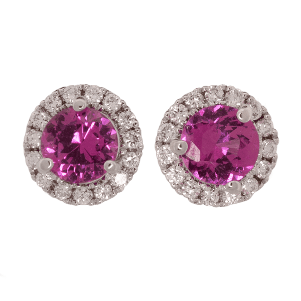 14kwg + 1.0 cttw pink sapphire + .25 cttw diamond halo stud earrings 14kwg + 1.0 cttw pink sapphire + .25 cttw diamond halo stud earrings