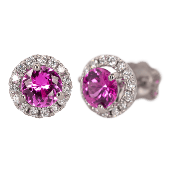 14kwg + 1.0 cttw pink sapphire + .25 cttw diamond halo stud earrings