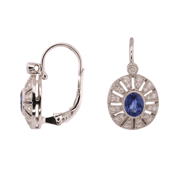 18K White Gold Sapphire Diamond Antique-Style Earrings