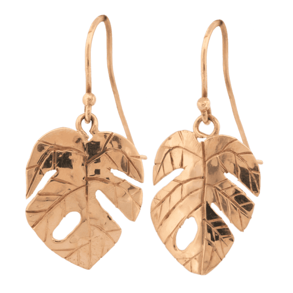 14K Yellow Gold Split Leaf Philodendron Earrings Split Leaf Philodendron Dangle Earrings