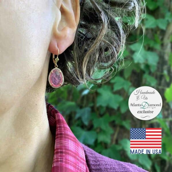 14K Yellow Gold Strawberry Ruby and Diamond Halo Dangle Earrings 14K Yellow Gold Strawberry Ruby and Diamond Halo Dangle Earrings