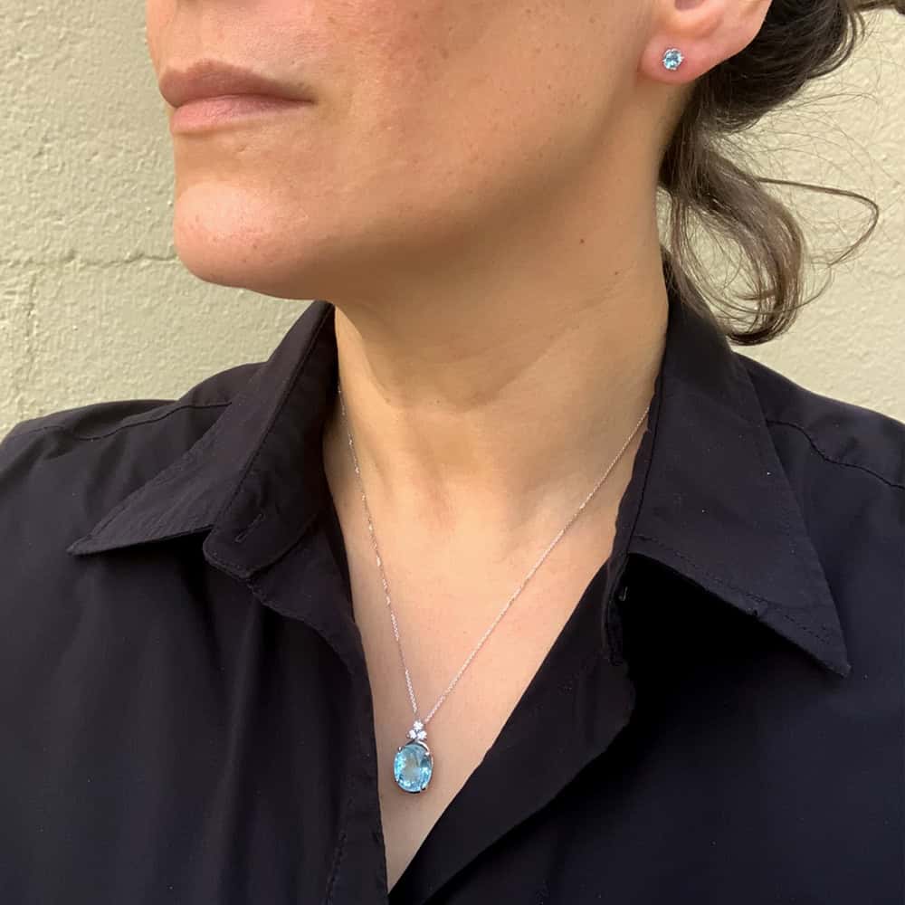 Aquamarine Diamond Pendant and Stud Earrings