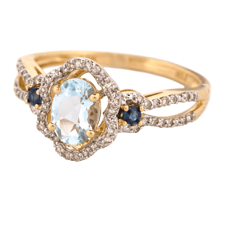 14K Yellow Gold Aquamarine Sapphire Diamond Ring