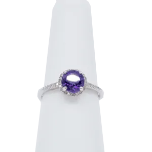 14K White Gold Amethyst and Diamond Halo Ring