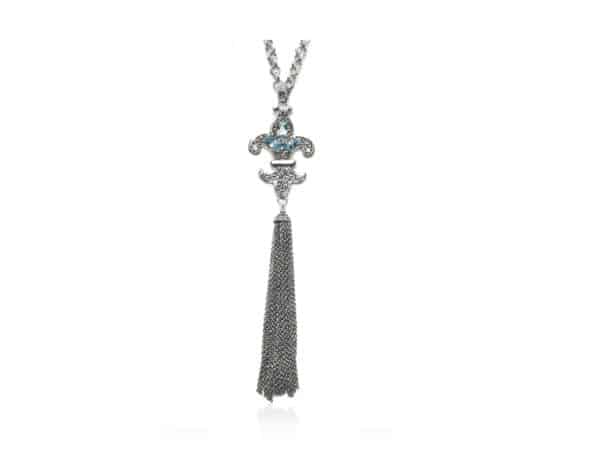 Sterling Silver Blue Topaz Fleur-De-Lis Tassel Necklace