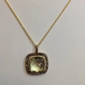 14K Yellow Gold Prasiolite and Diamond Halo Necklace