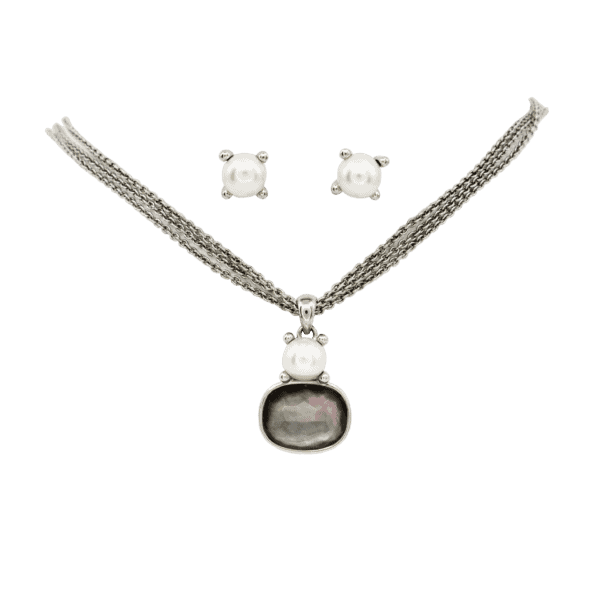 Sterling Silver Freshwater Cultured Pearl and Black Mother of Pearl Necklace and Earrings Set