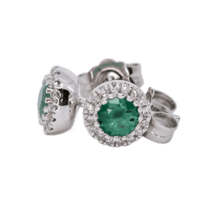 14K White Gold Emerald and Diamond Halo Stud Earrings